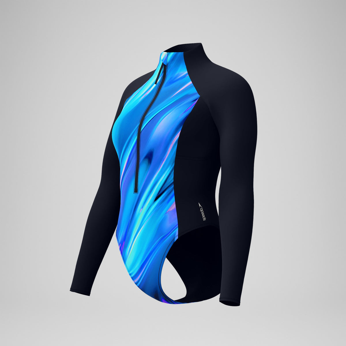 Speedo Printed Long Sleeve Zip One Piece Black/Blue