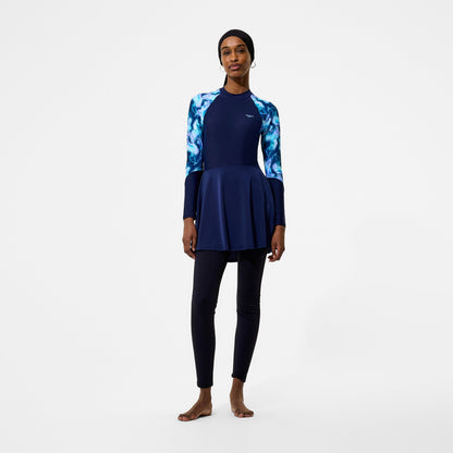 Speedo Modern Coverage Printed Long Sleeve Swim Dress Navy