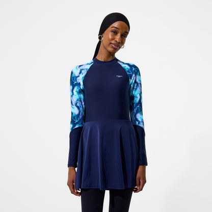 Speedo Modern Coverage Printed Long Sleeve Swim Dress Navy