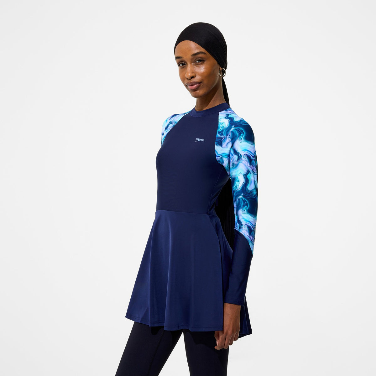 Speedo Modern Coverage Printed Long Sleeve Swim Dress Navy