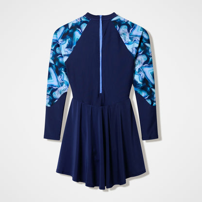 Speedo Modern Coverage Printed Long Sleeve Swim Dress Navy