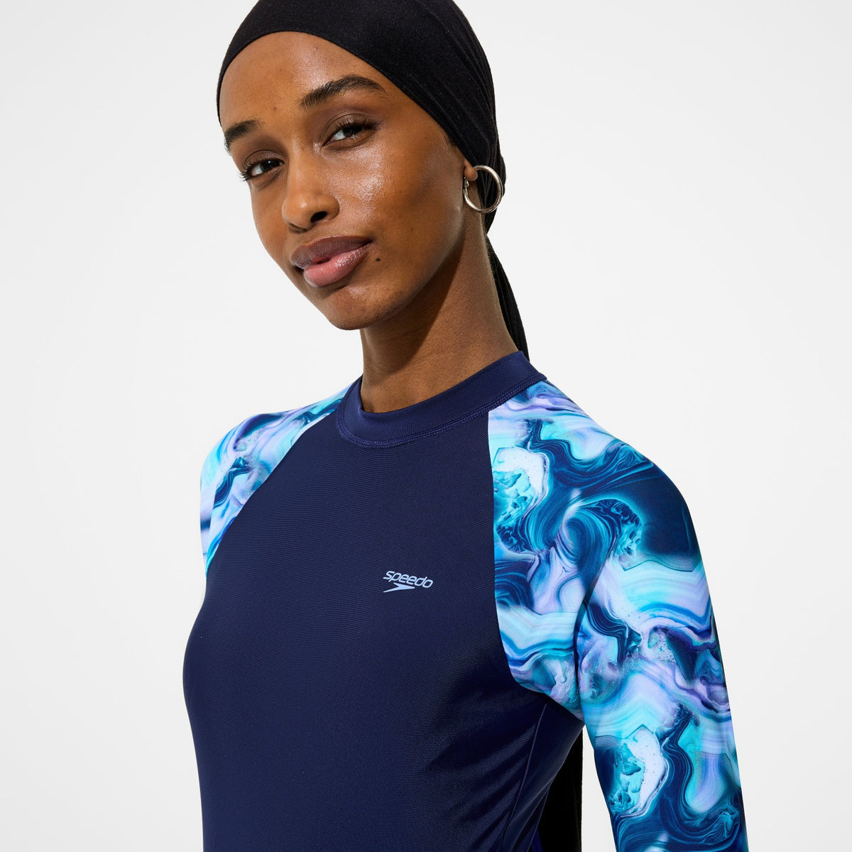 Speedo Modern Coverage Printed Long Sleeve Swim Dress Navy