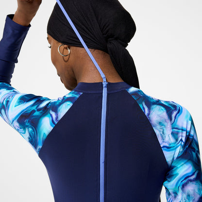 Speedo Modern Coverage Printed Long Sleeve Swim Dress Navy