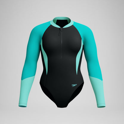 Speedo Colourblock Long Sleeve Swimsuit Black/Turquoise