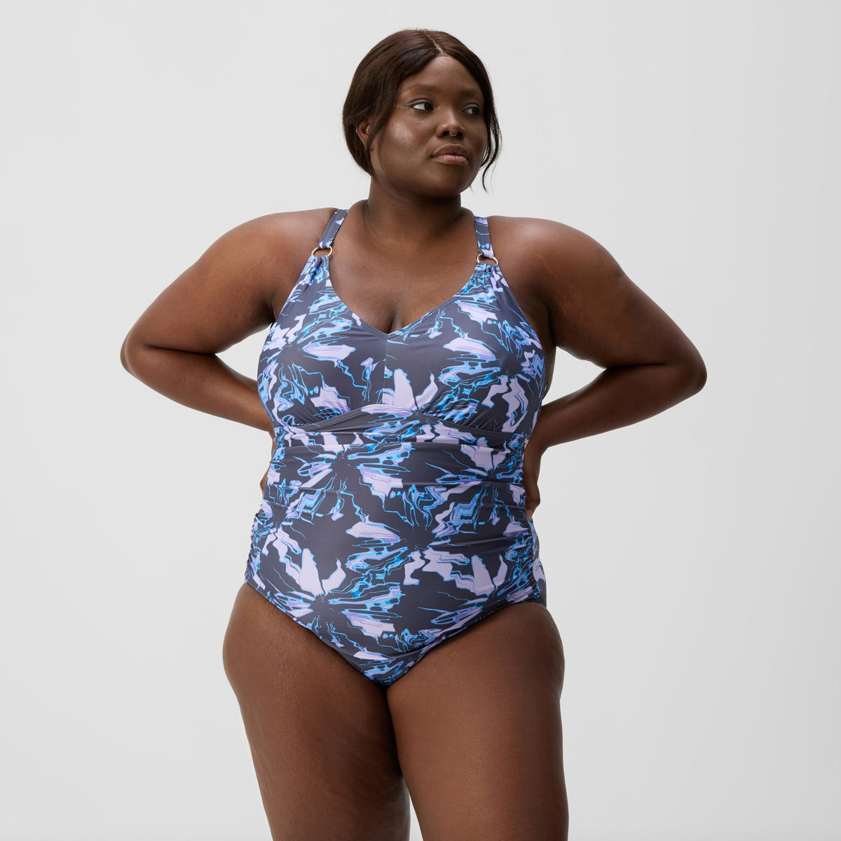 Speedo Plus Size Shaping V Neck Swimsuit Grey/Blue