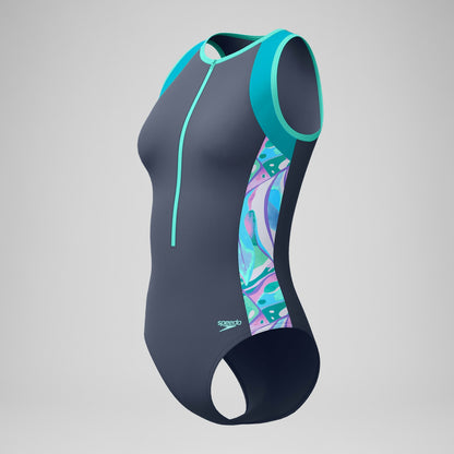 Speedo Printed Panel Hydrasuit Grey/Turquoise