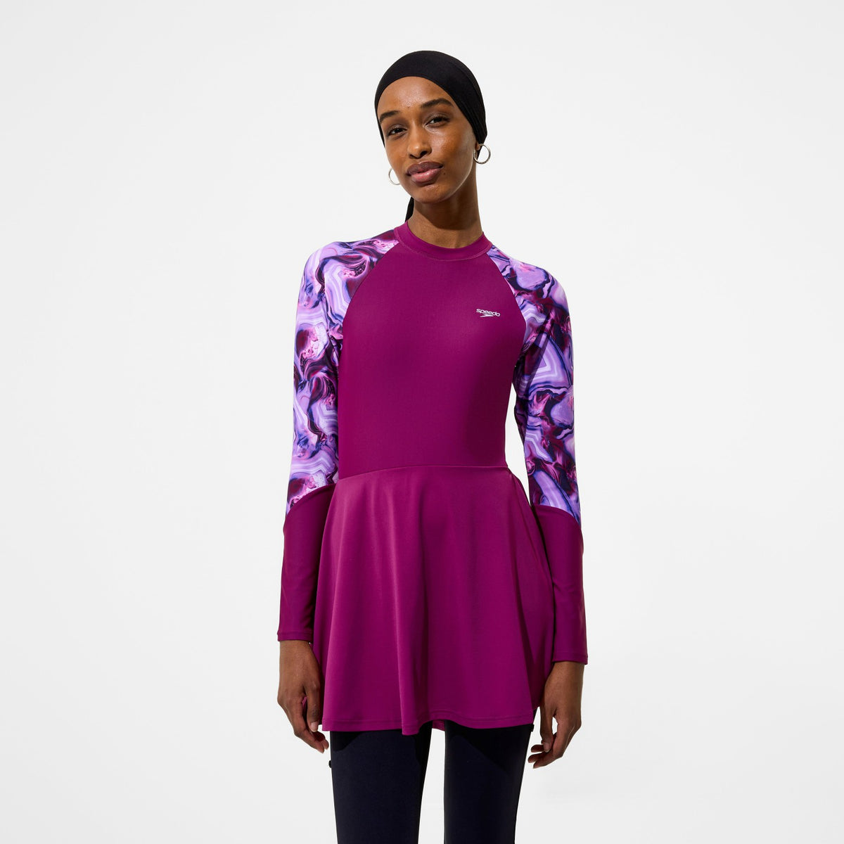 Speedo Modern Coverage Printed Long Sleeve Swim Dress Dark Pink