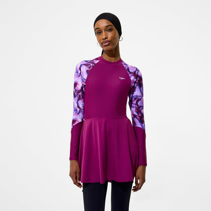 Speedo Modern Coverage Printed Long Sleeve Swim Dress Dark Pink