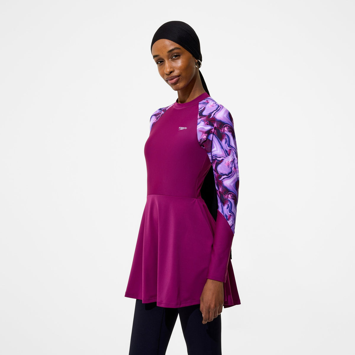Speedo Modern Coverage Printed Long Sleeve Swim Dress Dark Pink