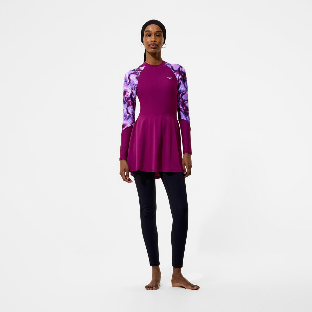 Speedo Modern Coverage Printed Long Sleeve Swim Dress Dark Pink