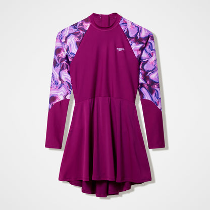 Speedo Modern Coverage Printed Long Sleeve Swim Dress Dark Pink