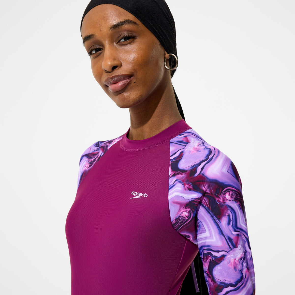 Speedo Modern Coverage Printed Long Sleeve Swim Dress Dark Pink