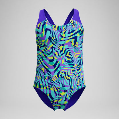 Speedo Girls Allover Splashback Swimsuit Green/Purple