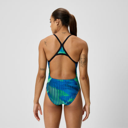 Speedo Club Training Printed Turnback Swimsuit Blue/Green