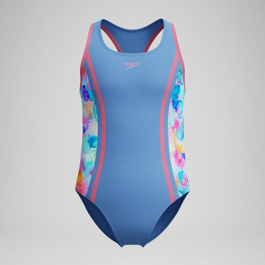 Speedo Girls Printed Spliced Racerback Swimsuit Blue