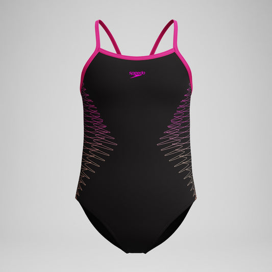 Speedo Girls Plastisol Placement Thinstrap Swimsuit Black/Pink