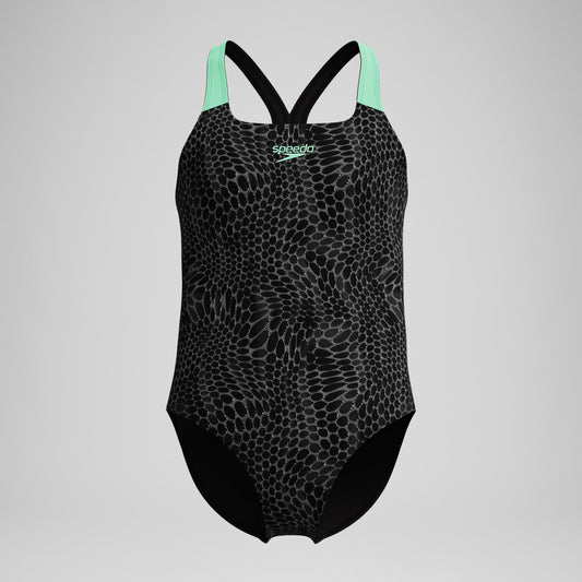 Speedo Girls Allover Powerback Swimsuit Black/Green
