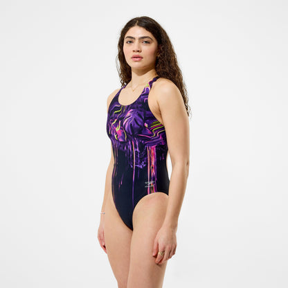 Speedo Club Training Printed Powerback Swimsuit Purple/Black