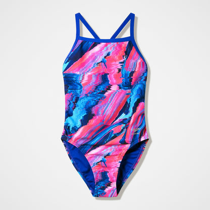 Speedo Club Training Printed Turnback Swimsuit Blue/Pink