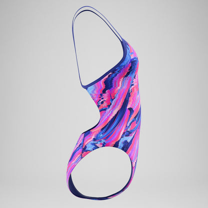 Speedo Club Training Printed Turnback Swimsuit Blue/Pink