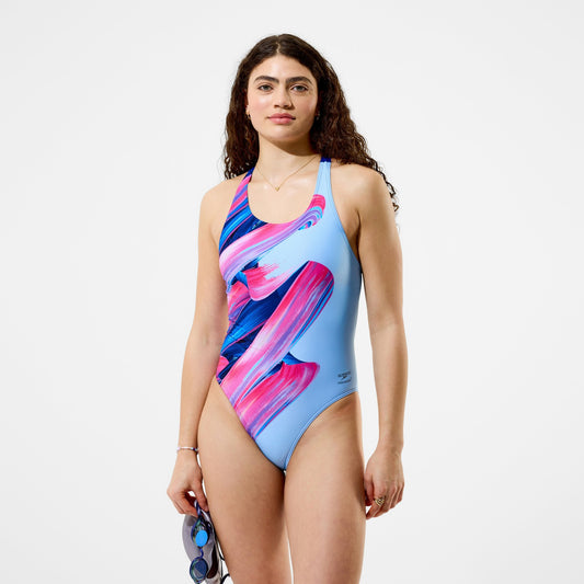 Speedo Club Training Printed Powerback Swimsuit Blue/Pink