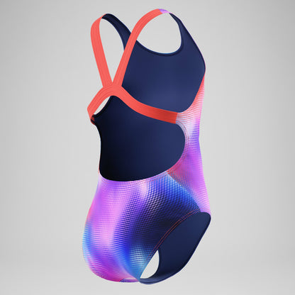 Speedo Girls Printed Leaderback Swimsuit Navy/Pink