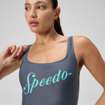 Speedo Logo Square Back Swimsuit Grey/Turquoise