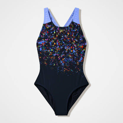 Speedo Girls Printed Splashback Swimsuit Black/Purple