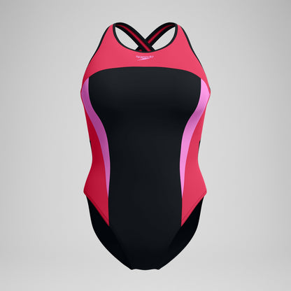 Speedo Highneck Splice Crossback Swimsuit Black/Pink