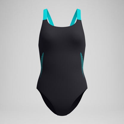 Speedo Boom Solid Leaderback Swimsuit Black/Turquoise