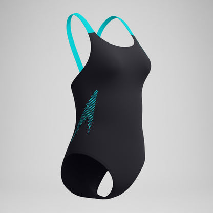 Speedo Boom Solid Leaderback Swimsuit Black/Turquoise