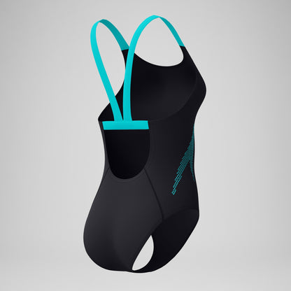 Speedo Boom Solid Leaderback Swimsuit Black/Turquoise