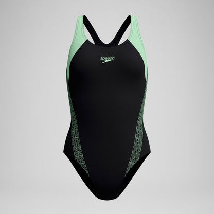 Speedo Placement Laneback Swimsuit Black/Green