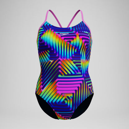 Speedo Club Training Printed Fixed Crossback Swimsuit Navy/Green