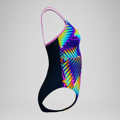 Speedo Club Training Printed Fixed Crossback Swimsuit Navy/Green