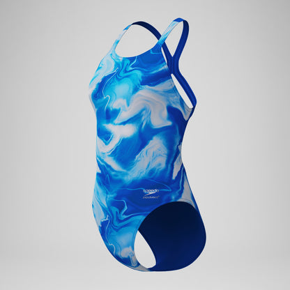 Speedo Club Training Printed Powerback Swimsuit Blue/White