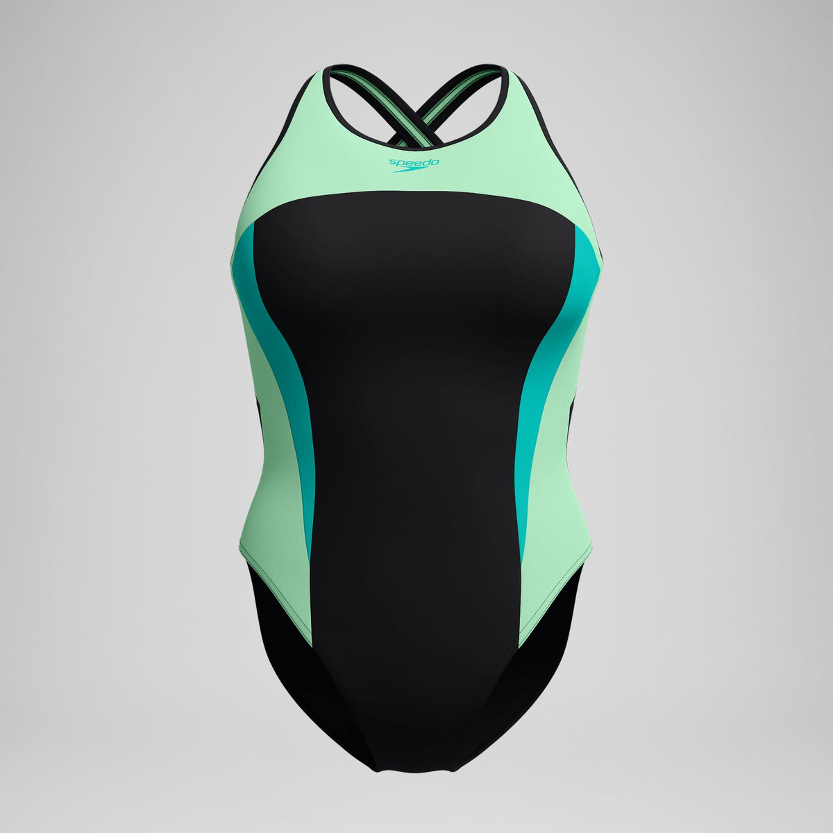 Speedo High Neck Splice Cross Back Swimsuit Black/Turquoise