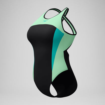 Speedo High Neck Splice Cross Back Swimsuit Black/Turquoise
