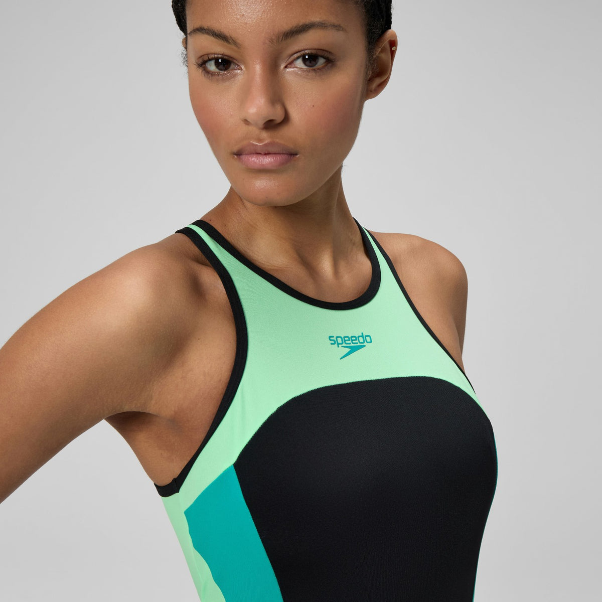 Speedo High Neck Splice Cross Back Swimsuit Black/Turquoise