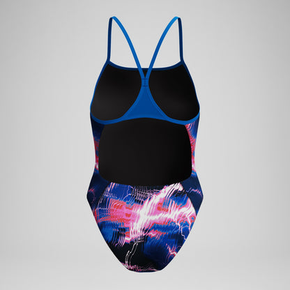Speedo Club Training Printed Turnback Swimsuit Blue/Pink