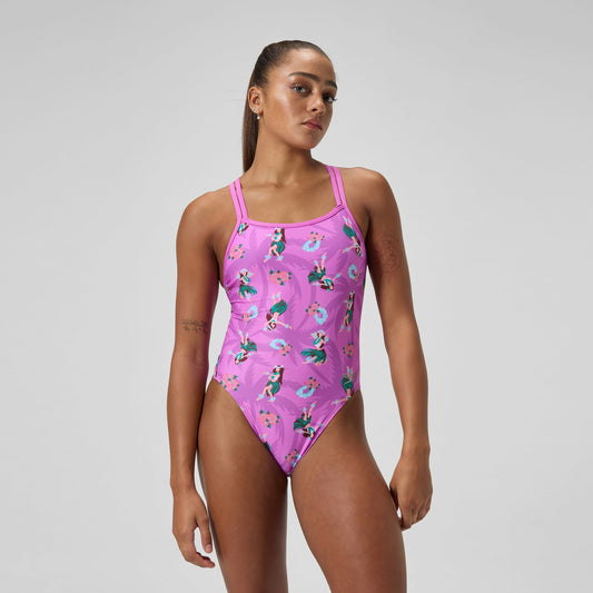 Speedo Club Training Printed Starback Swimsuit Pink/Green