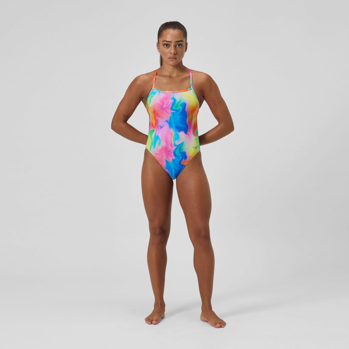 Speedo Club Training Printed V Back Swimsuit Pink/Yellow