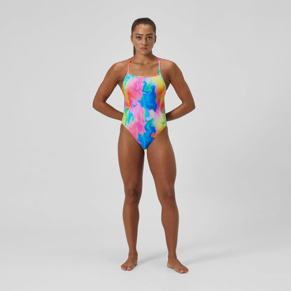 Speedo Club Training Printed V Back Swimsuit Pink/Yellow