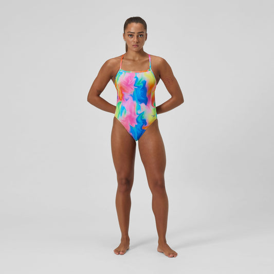Speedo Club Training Printed V Back Swimsuit Pink/Yellow